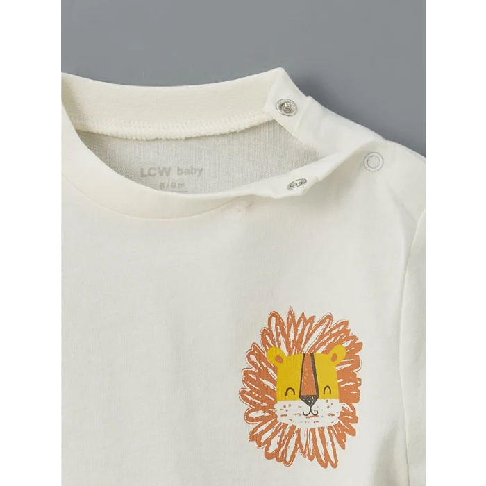 LCW baby EKRU Bisiklet Yaka Baskılı Erkek Bebek Tişört ve Pantolon 2li