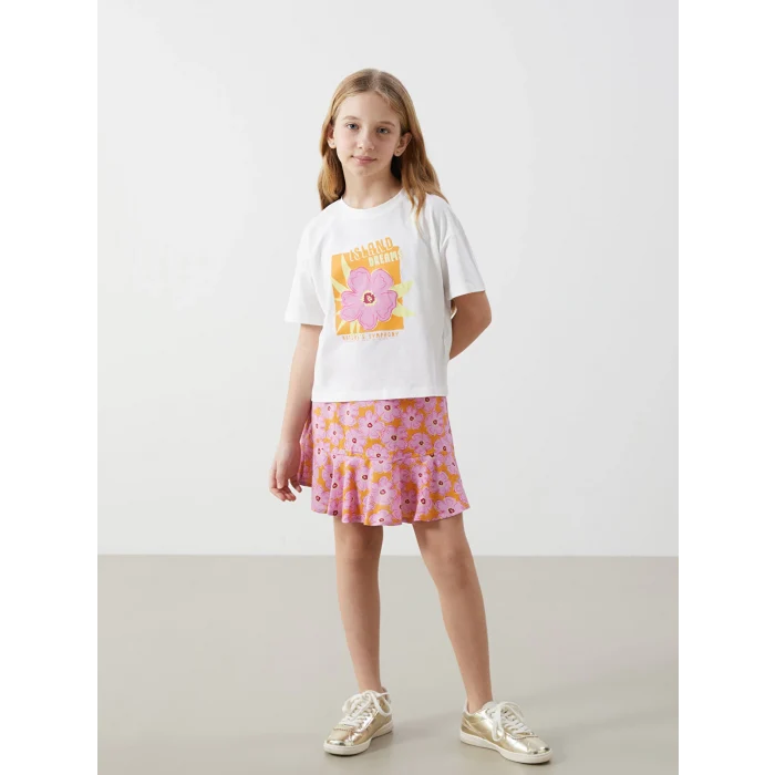 LCW Kids BEYAZ Bisiklet Yaka Çiçekli Kız Çocuk Tişört ve Etek