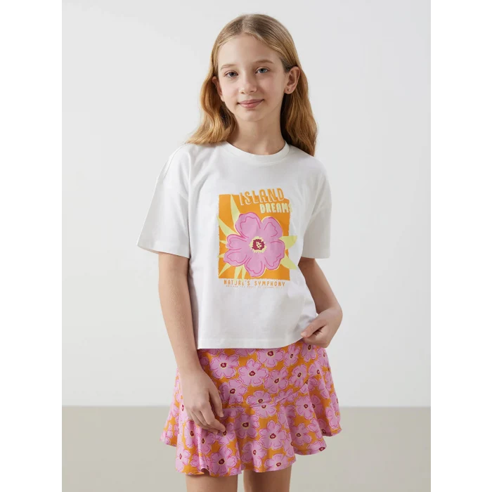 LCW Kids BEYAZ Bisiklet Yaka Çiçekli Kız Çocuk Tişört ve Etek