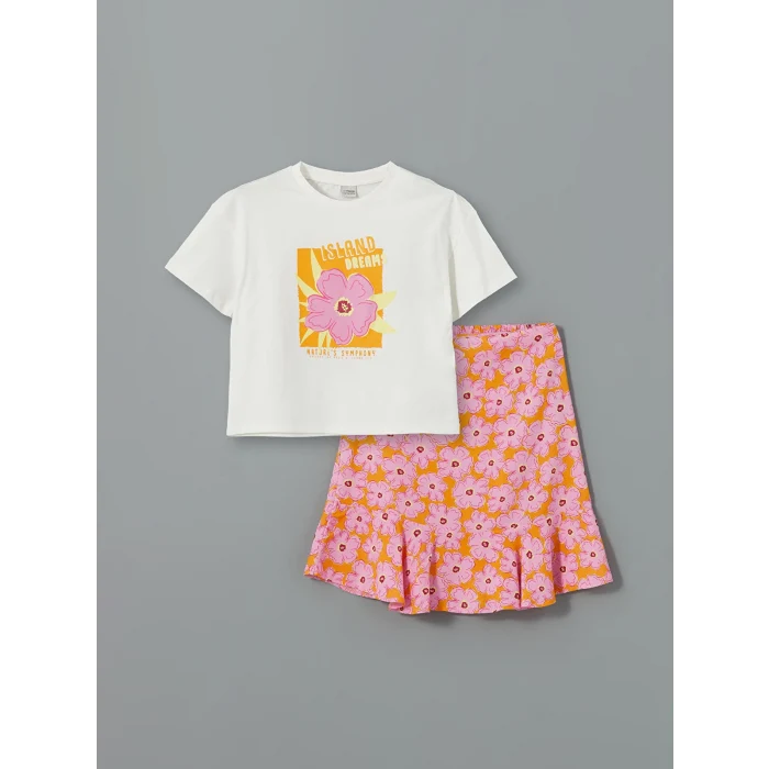 LCW Kids BEYAZ Bisiklet Yaka Çiçekli Kız Çocuk Tişört ve Etek