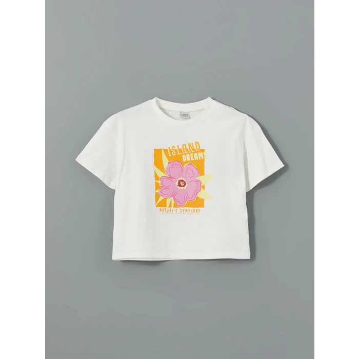 LCW Kids BEYAZ Bisiklet Yaka Çiçekli Kız Çocuk Tişört ve Etek