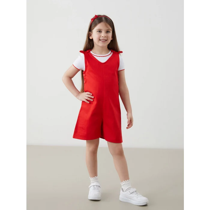 LCW Kids BEYAZ Bisiklet Yaka Kız Çocuk Tişört ve Tulum 2li