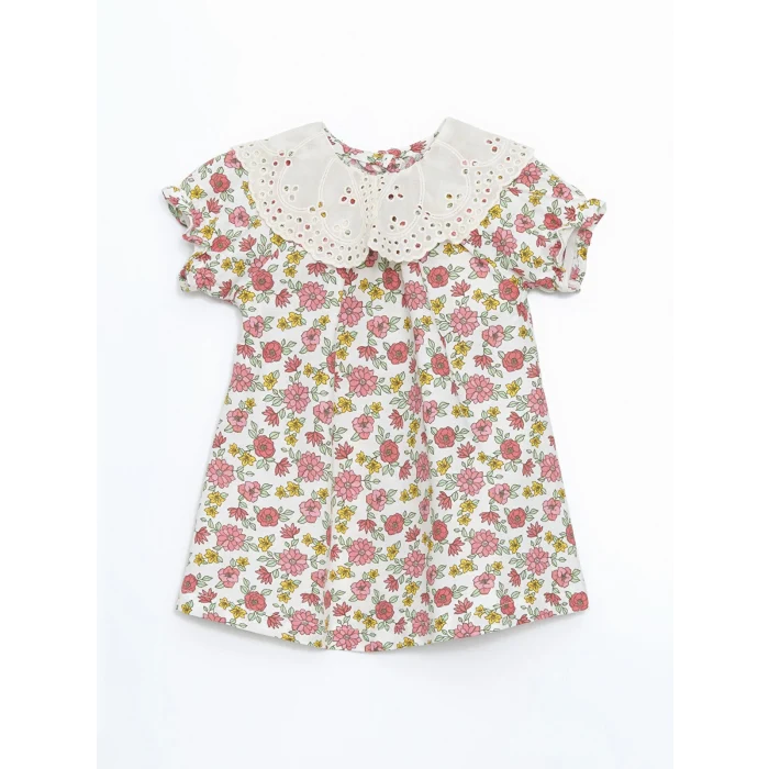 LCW baby EKRU Bebe Yaka Uzun Kollu Çiçekli Kız Bebek Elbise