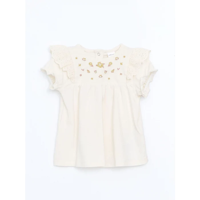 LCW baby EKRU Bisiklet Yaka Nakışlı Kız Bebek Bluz ve Tayt 2li