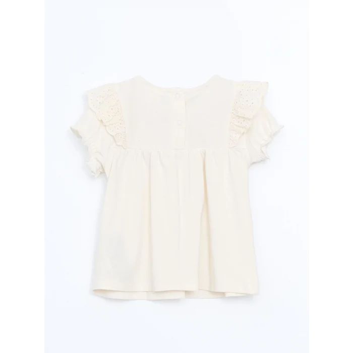 LCW baby EKRU Bisiklet Yaka Nakışlı Kız Bebek Bluz ve Tayt 2li