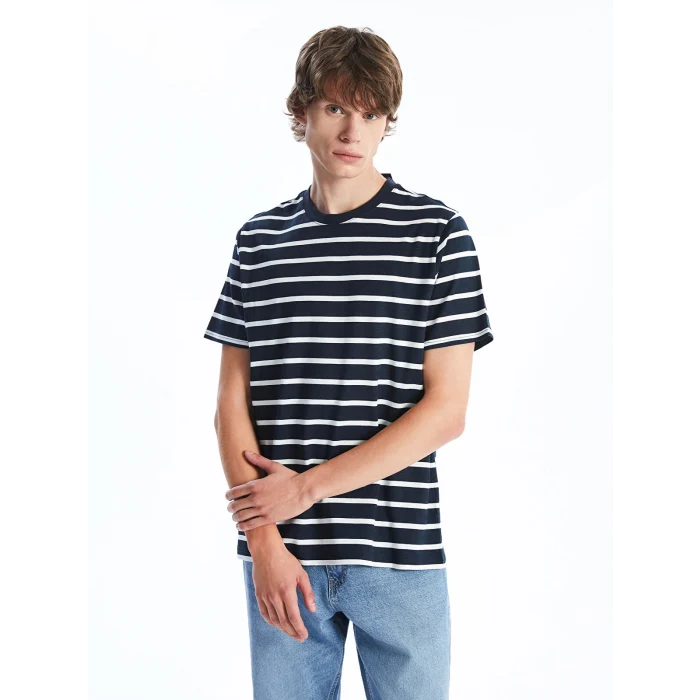 XSIDE EKRU Bisiklet Yaka Kısa Kollu Çizgili Penye Erkek Tişört