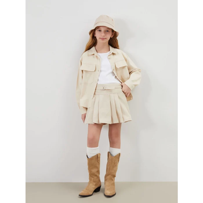 LCW Kids BEJ Beli Lastikli Pileli Kız Çocuk Şort Etek