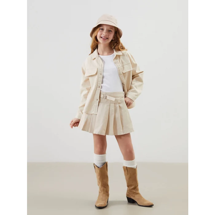 LCW Kids BEJ Beli Lastikli Pileli Kız Çocuk Şort Etek