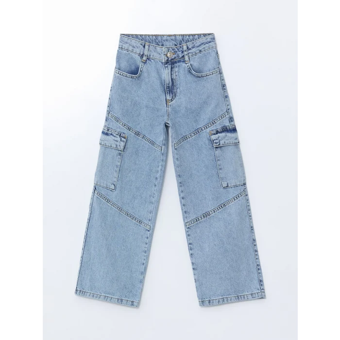 LCW Kids MAVİ Beli Ayarlanabilir Lastikli Kız Çocuk Kargo Jean Pantolon
