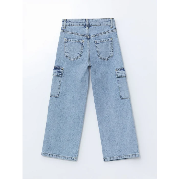 LCW Kids MAVİ Beli Ayarlanabilir Lastikli Kız Çocuk Kargo Jean Pantolon