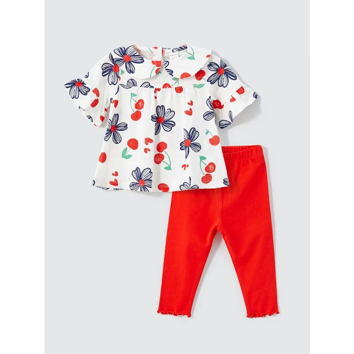 LCW baby EKRU Bisiklet Yaka Çiçekli Kız Bebek Bluz ve Tayt 2li