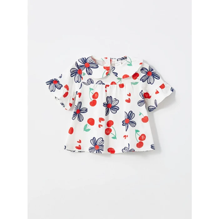 LCW baby EKRU Bisiklet Yaka Çiçekli Kız Bebek Bluz ve Tayt 2li