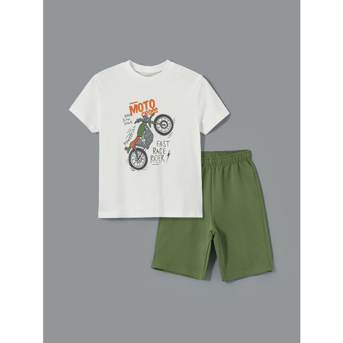 LCW Kids EKRU Bisiklet Yaka Baskılı Erkek Çocuk Tişört ve Şort 2li