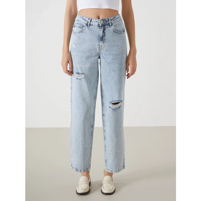 LCW Jeans İNDİGO Boyfriend Yırtık Detaylı Kadın Jean Pantolon