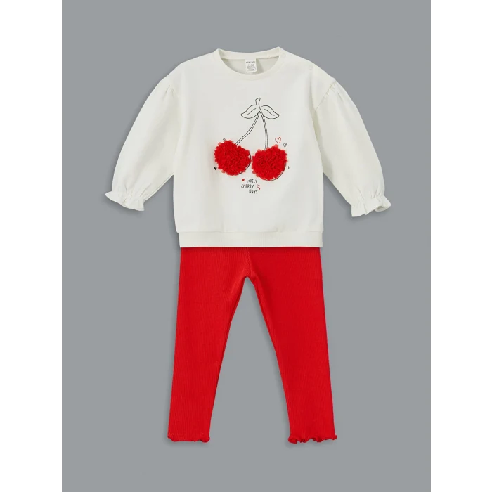 LCW baby EKRU Bisiklet Yaka Kiraz Baskılı Kız Bebek Sweatshirt ve Tayt 2li