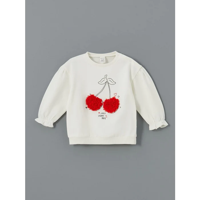 LCW baby EKRU Bisiklet Yaka Kiraz Baskılı Kız Bebek Sweatshirt ve Tayt 2li