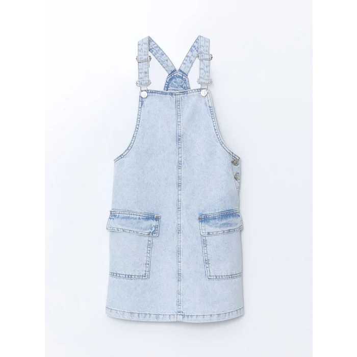 LCW Kids MAVİ Kare Yaka Kız Çocuk Jean Salopet Elbise
