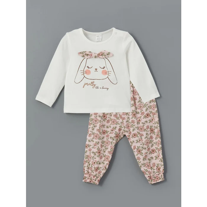 LCW baby EKRU Bisiklet Yaka Baskılı Kız Bebek Bluz ve Pantolon 2li