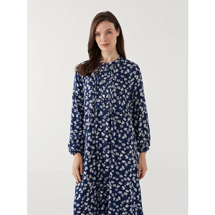 LCW Grace MAVİ Bisiklet Yaka Çiçekli Kadın Elbise