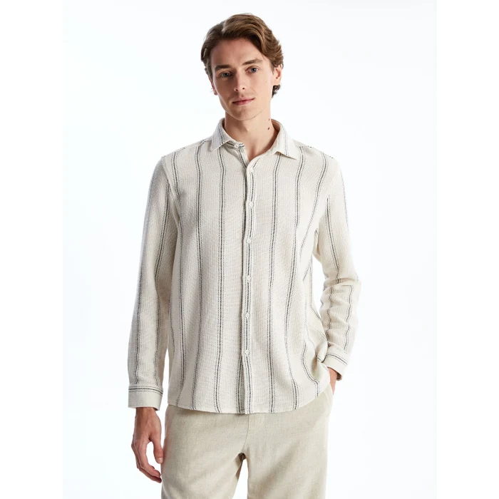 LCW Vision EKRU Regular Fit Uzun Kollu Çizgili Erkek Gömlek