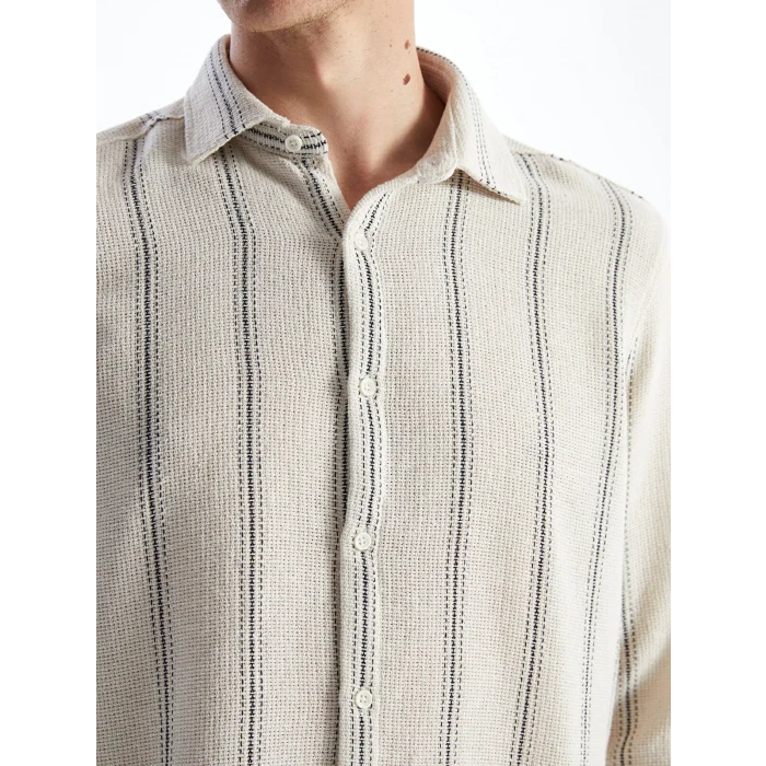 LCW Vision EKRU Regular Fit Uzun Kollu Çizgili Erkek Gömlek