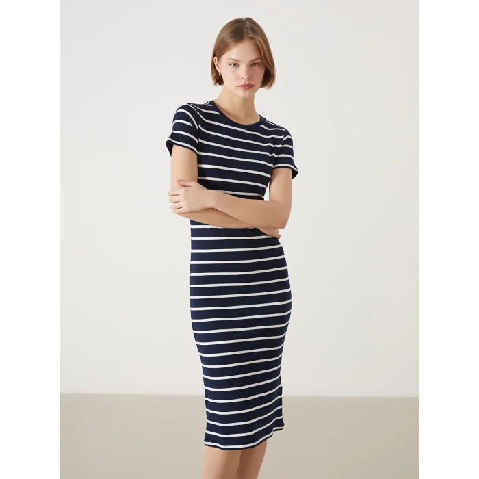 XSIDE LACİVERT Bisiklet Yaka Çizgili Kadın Elbise