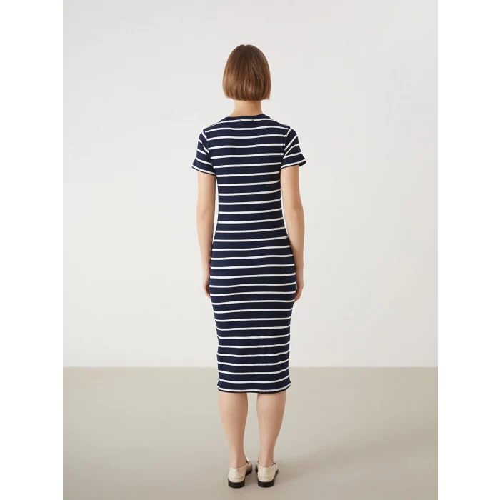 XSIDE LACİVERT Bisiklet Yaka Çizgili Kadın Elbise