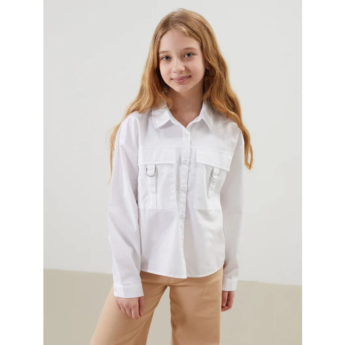 LCW Kids BEYAZ Basic Uzun Kollu Kız Çocuk Crop Gömlek