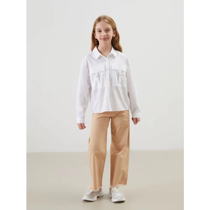 LCW Kids BEYAZ Basic Uzun Kollu Kız Çocuk Crop Gömlek