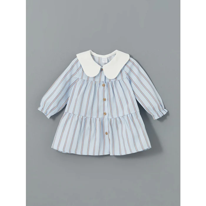 LCW baby MAVİ Bebe Yaka Çizgili Kız Bebek Poplin Elbise