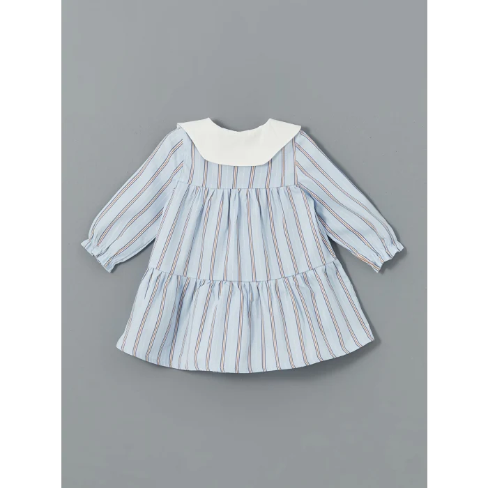 LCW baby MAVİ Bebe Yaka Çizgili Kız Bebek Poplin Elbise