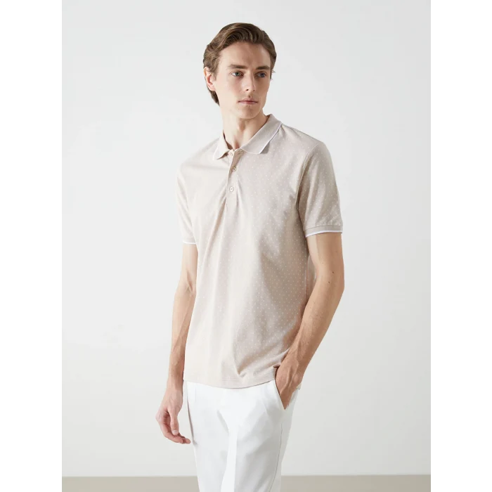 LCWAIKIKI Classic BEJ Polo Yaka Kısa Kollu Desenli Pike Erkek Tişört