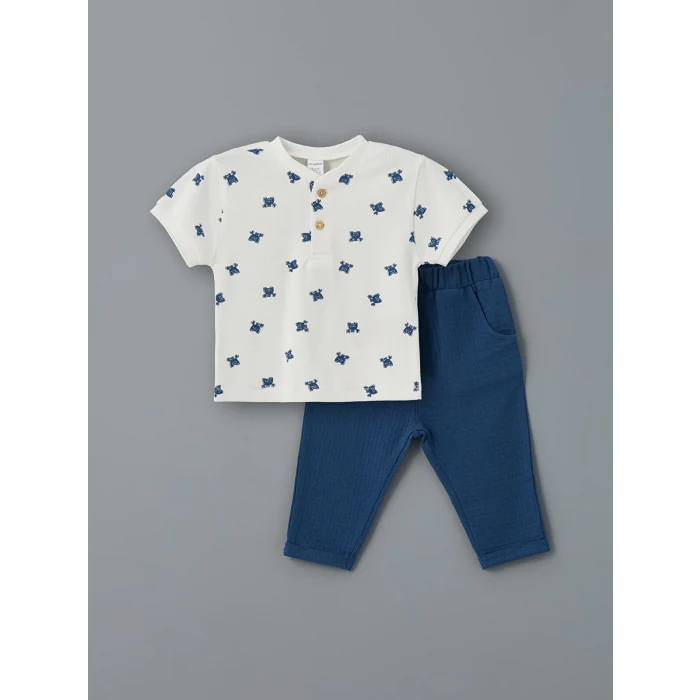 LCW baby EKRU Bisiklet Yaka Baskılı Erkek Bebek Tişört ve Eşofman Alt 2li