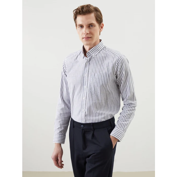 LCWAIKIKI Classic İNDİGO Regular Fit Uzun Kollu Çizgili Erkek Gömlek
