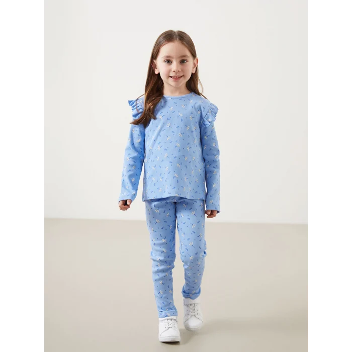 LCW Kids MAVİ Bisiklet Yaka Çiçekli Kız Çocuk Bluz ve Tayt 2li