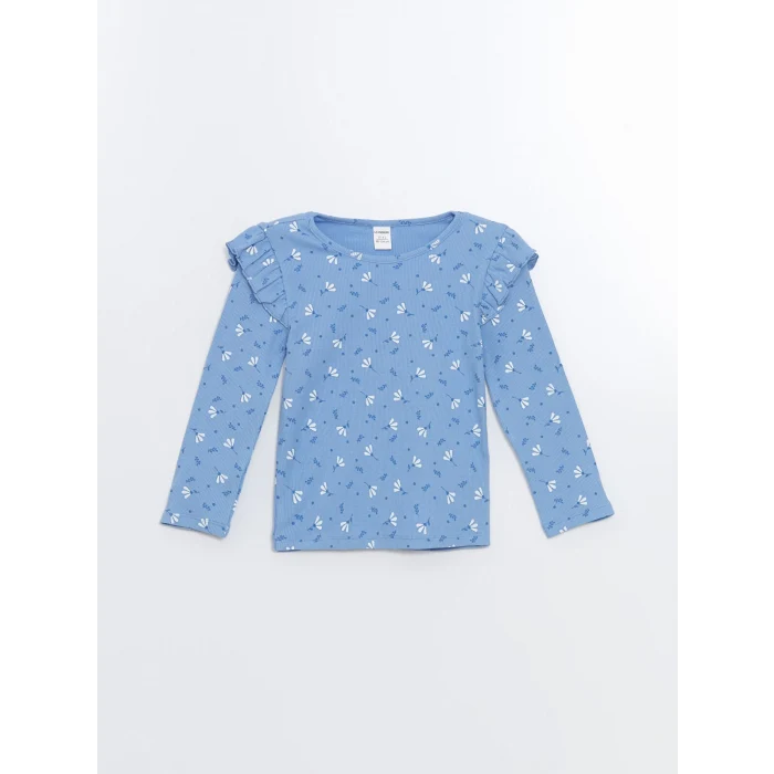 LCW Kids MAVİ Bisiklet Yaka Çiçekli Kız Çocuk Bluz ve Tayt 2li