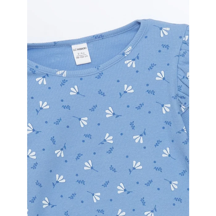 LCW Kids MAVİ Bisiklet Yaka Çiçekli Kız Çocuk Bluz ve Tayt 2li