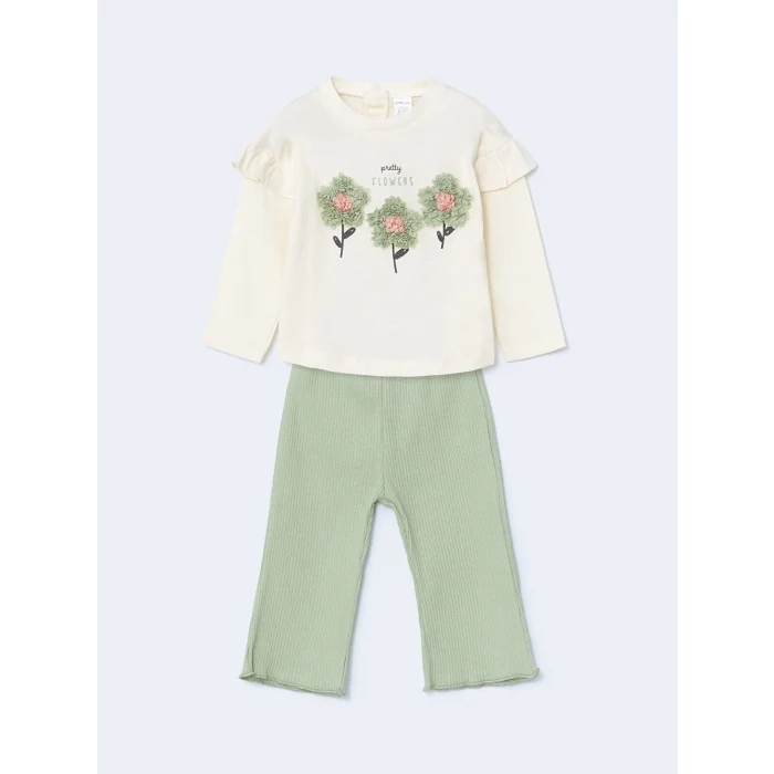 LCW baby EKRU Bisiklet Yaka Çiçekli Kız Bebek Bluz ve Tayt 2li