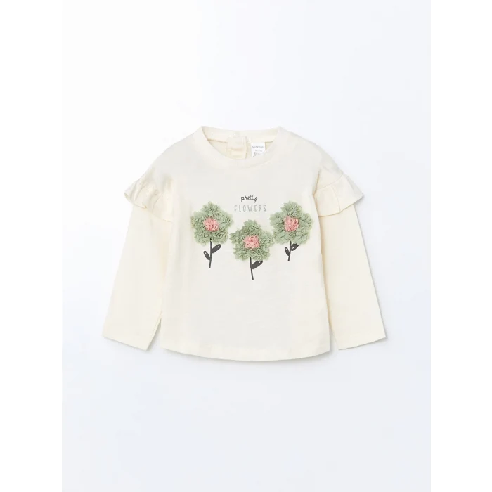 LCW baby EKRU Bisiklet Yaka Çiçekli Kız Bebek Bluz ve Tayt 2li