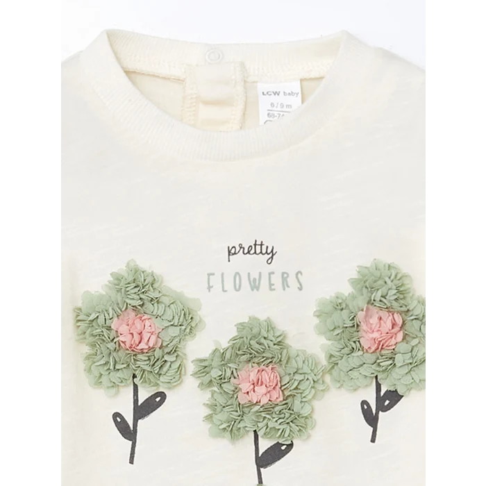 LCW baby EKRU Bisiklet Yaka Çiçekli Kız Bebek Bluz ve Tayt 2li