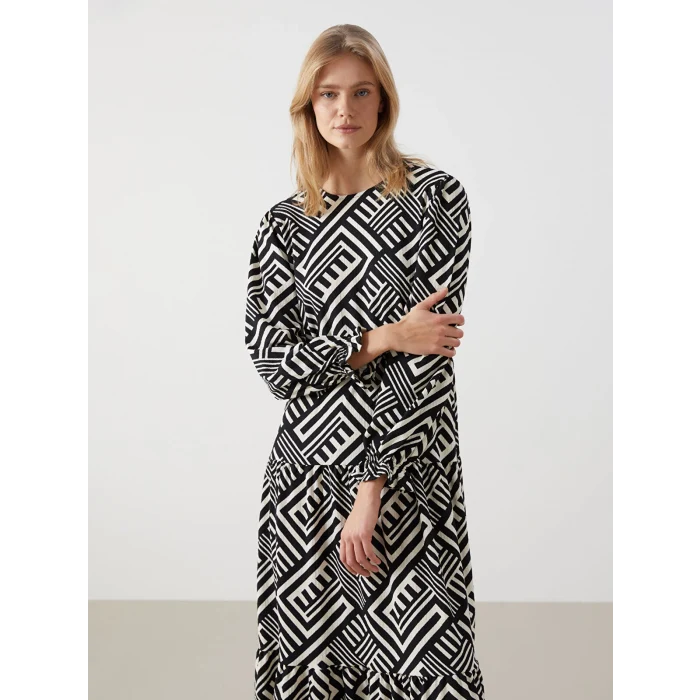 LCW Comfort SİYAH Bisiklet Yaka Desenli Kadın Elbise