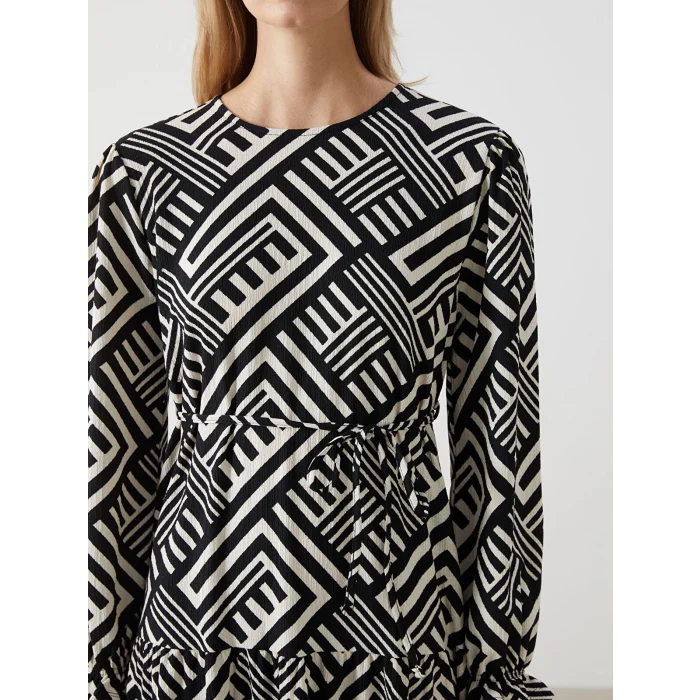 LCW Comfort SİYAH Bisiklet Yaka Desenli Kadın Elbise