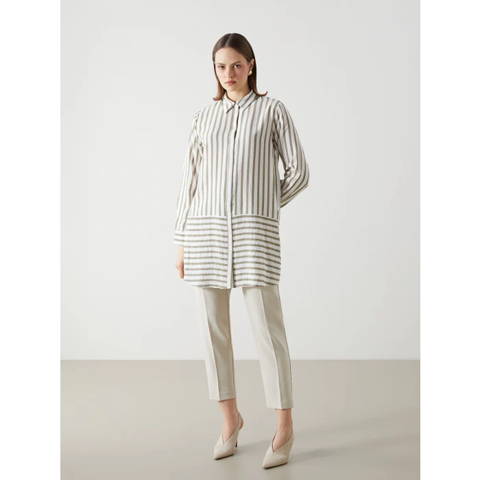 LCWAIKIKI Classic HAKİ Çizgili Kadın Gömlek Tunik