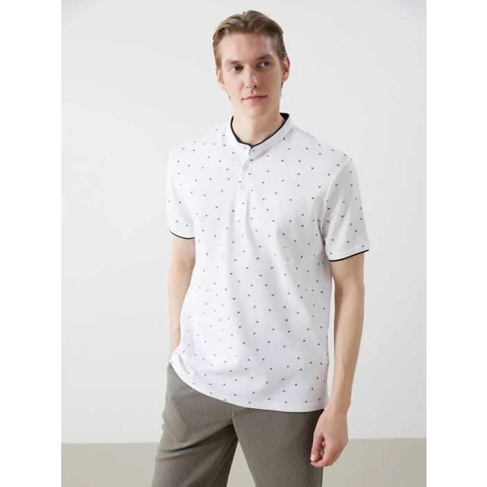 LCW Vision BEYAZ Hakim Yaka Kısa Kollu Desenli Erkek Tişört