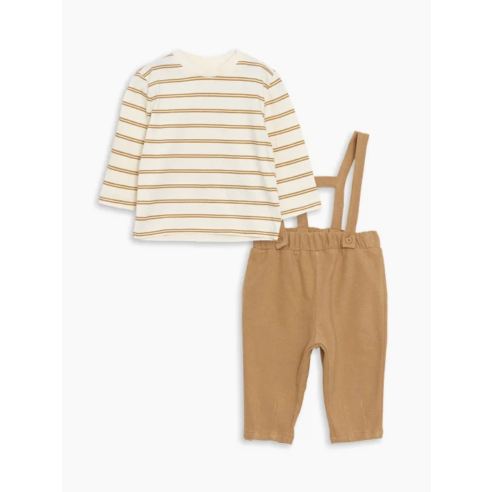 LCW baby KAHVERENGİ Bisiklet Yaka Çizgili Erkek Bebek Tişört ve Askılı Pantolon 2li