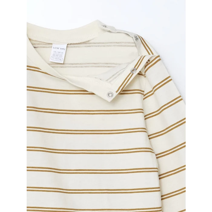 LCW baby KAHVERENGİ Bisiklet Yaka Çizgili Erkek Bebek Tişört ve Askılı Pantolon 2li