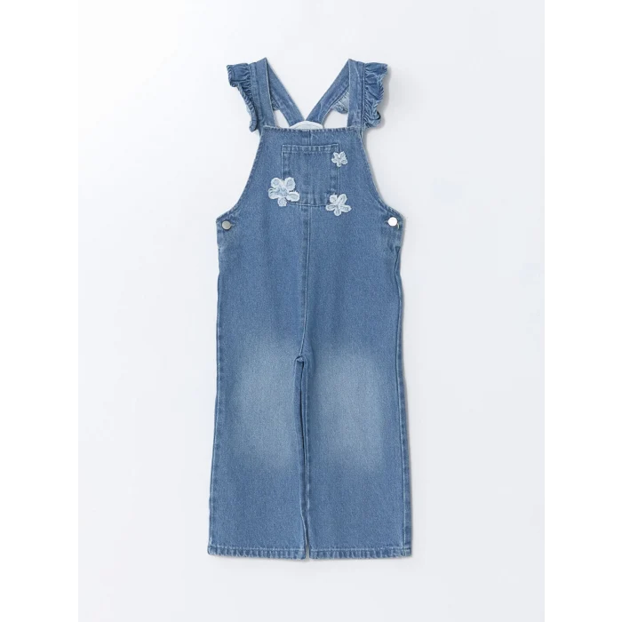 LCW Kids MAVİ Kare Yaka Nakışlı Kız Çocuk Jean Salopet Elbise