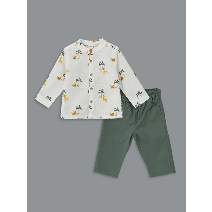 LCW baby EKRU Hakim Yaka Uzun Kollu Desenli Erkek Çocuk Gömlek ve Pantolon 2li Takım
