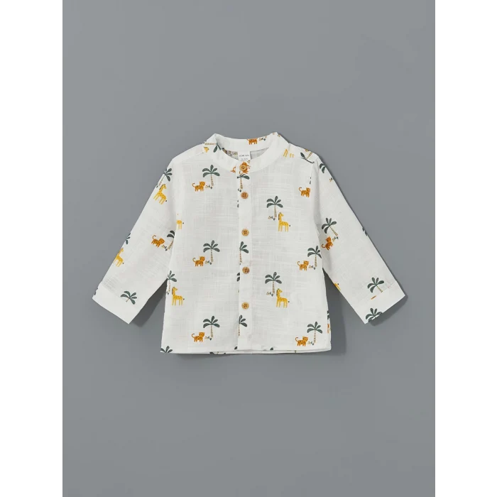 LCW baby EKRU Hakim Yaka Uzun Kollu Desenli Erkek Çocuk Gömlek ve Pantolon 2li Takım