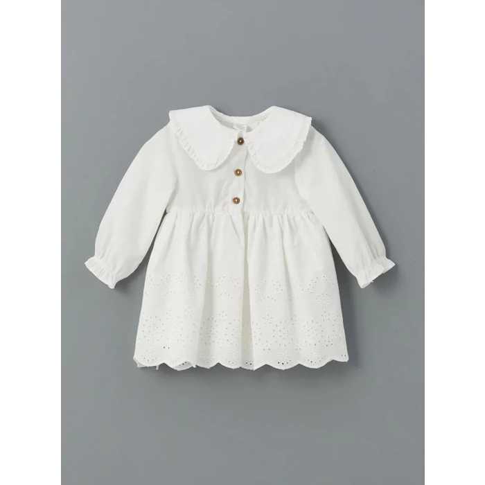 LCW baby EKRU Bebe Yaka Nakışlı Kız Bebek Elbise